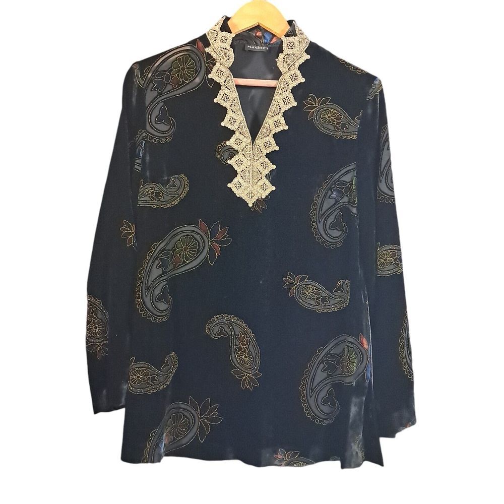 Maxine's Velvet Paisley Tunic Womens Large Silk Sheer Gold‎ Lace Vampire Gothic